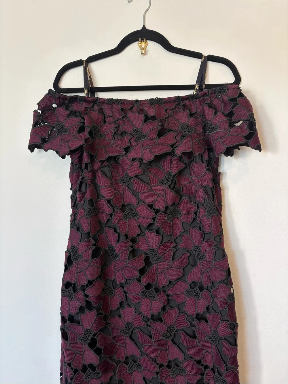 SHOSHANA midnight Off-Shoulder Burgundy Lace Midi Dress